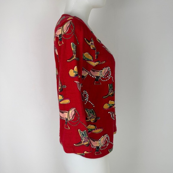 VTG Take Two Womens Red Western Sequin Cowboy Boot Hat Top Cotton Knit SZ M - Picture 5 of 11